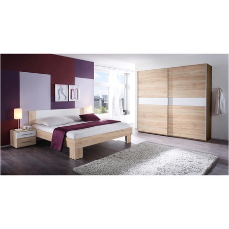 Dormitor Kring Mercur, pat 160x200 cm, 2 noptiere, dulap, culoare stejar san remo / alb