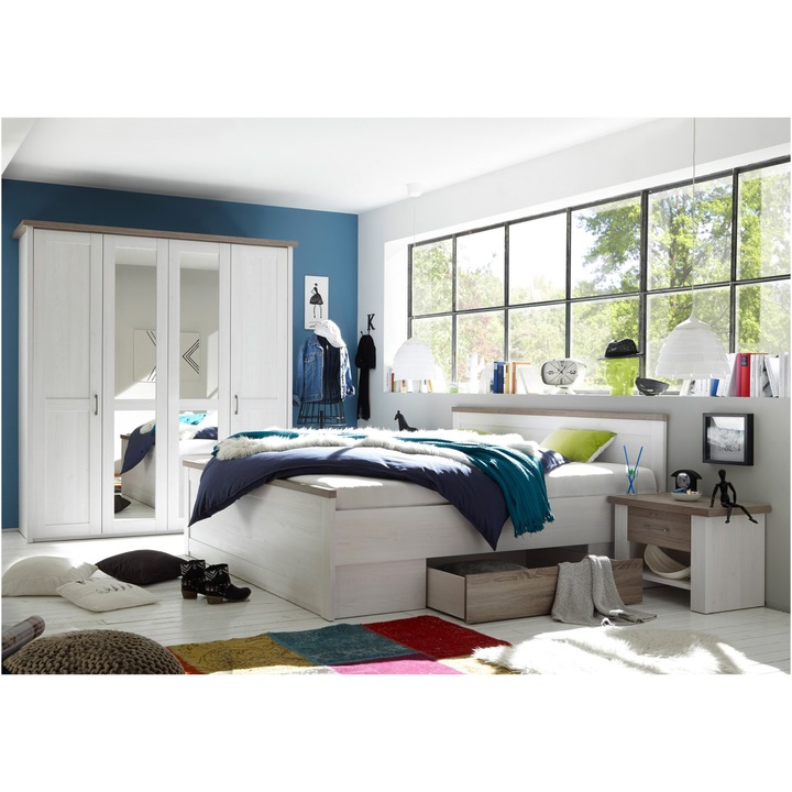 Dormitor Kring Bliss, pat 160x200 cm, 2 noptiere, dulap, culoare alb antichizat