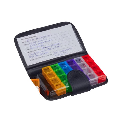 Cutie pentru pilule/medicamente cu etui din piele ecologica, 7 zile x 4 compartimente