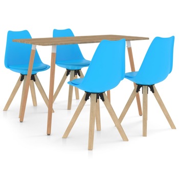 Set mobilier de bucatarie 5 piese, masa cu scaune, vidaXL, Piele artificiala/Lemn de fag, 120 x 60 x 75 cm, Albastru Set mobilier de bucatarie 5 piese, masa cu scaune, vidaXL, Piele artificiala/Lemn de fag, 120 x 60 x 75 cm, Albastru