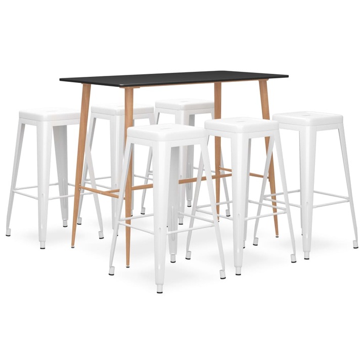 Set mobilier de bar vidaXL, 7 piese, negru si alb, 28.29 kg