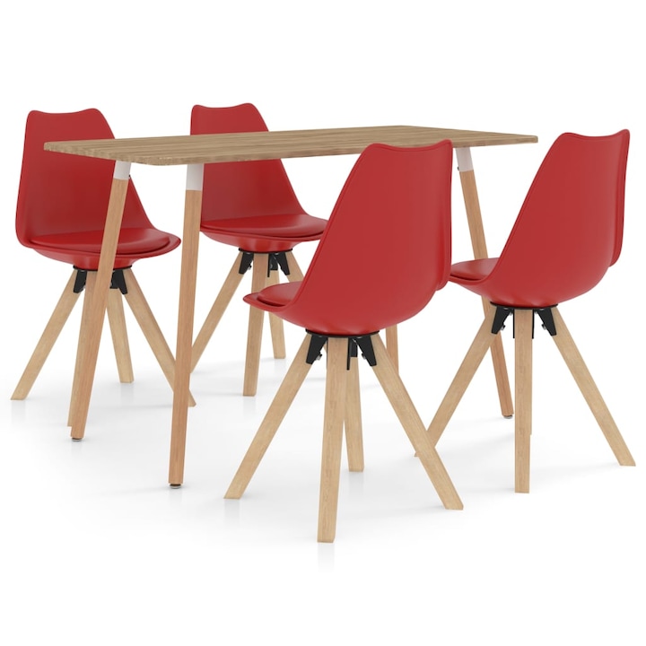 Комплект кухненски мебели от 5 части маса със столове vidaXL, Изкуствена кожа/Бук, 120 х 60 х 75 см, Червен