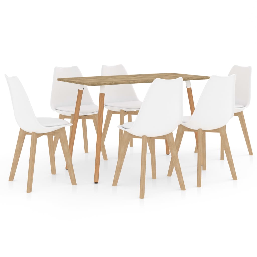 Set mobilier de bucatarie cu 1 masa si 6 scaune cu sezut tapitat, vidaXL, Piele artificiala, 42 x 42 x 81 cm, Alb