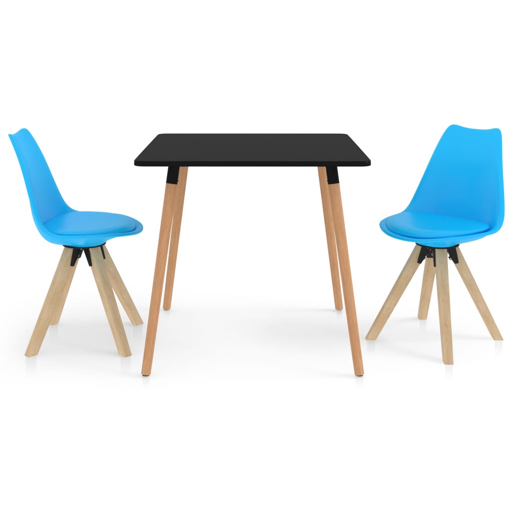 Set de masa de bucatarie cu blat negru cu 2 scaune tapitate cu piele ecologica, vidaXL, Piele artificiala, 80 x 80 x 75 cm, Albastru deschis