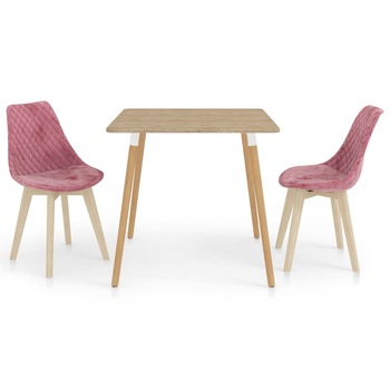 Set de masa de bucatarie cu 2 scaune tapitate cu catifea, vidaXL, Catifea, 80 x 80 x 75 cm, Roz