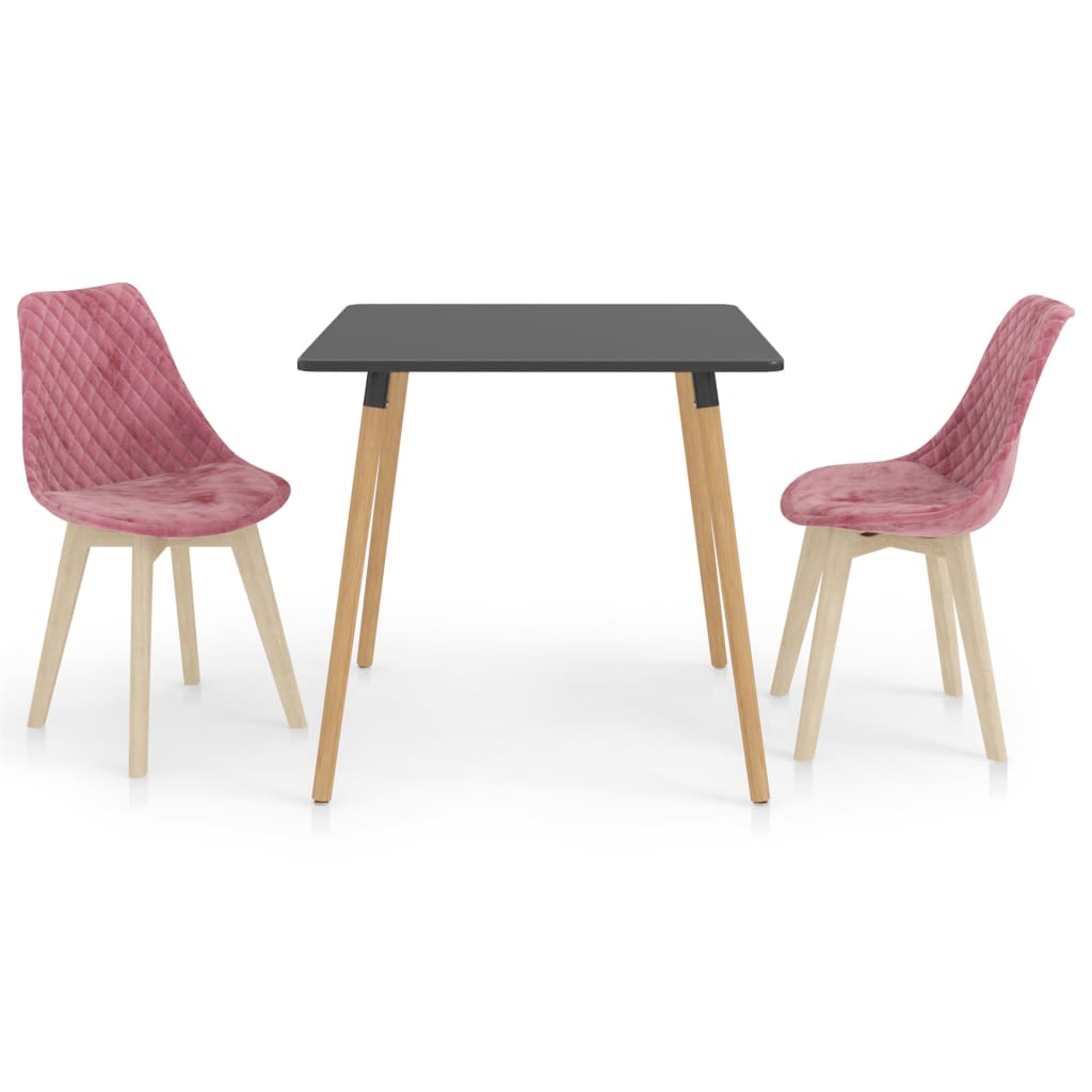 Set de masa de bucatarie cu blat gri si 2 scaune tapitate cu catifea, vidaXL, Catifea, 80 x 80 x 75cm, Roz