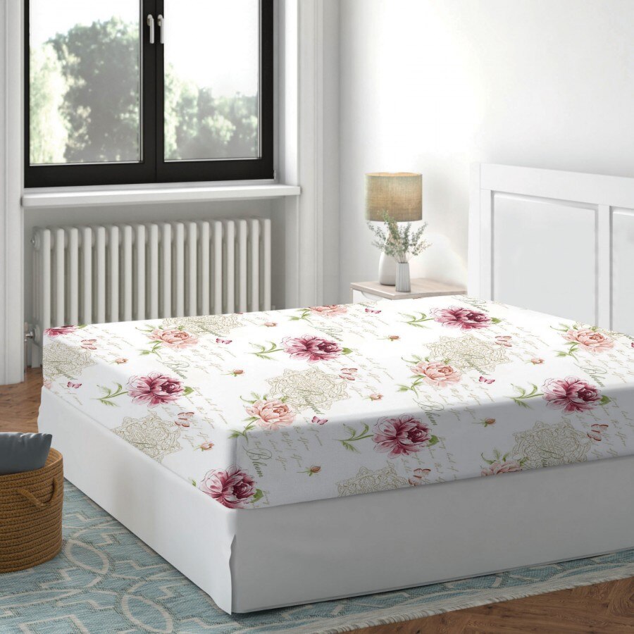 Cearceaf de pat cu elastic bumbac 100%,180x200cm, Deluxe Pucioasa, Floral Roz