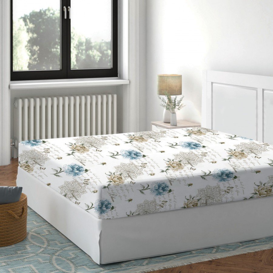 Cearceaf de pat cu elastic bumbac 100%,160x200cm, Deluxe Pucioasa, Floral Bleu
