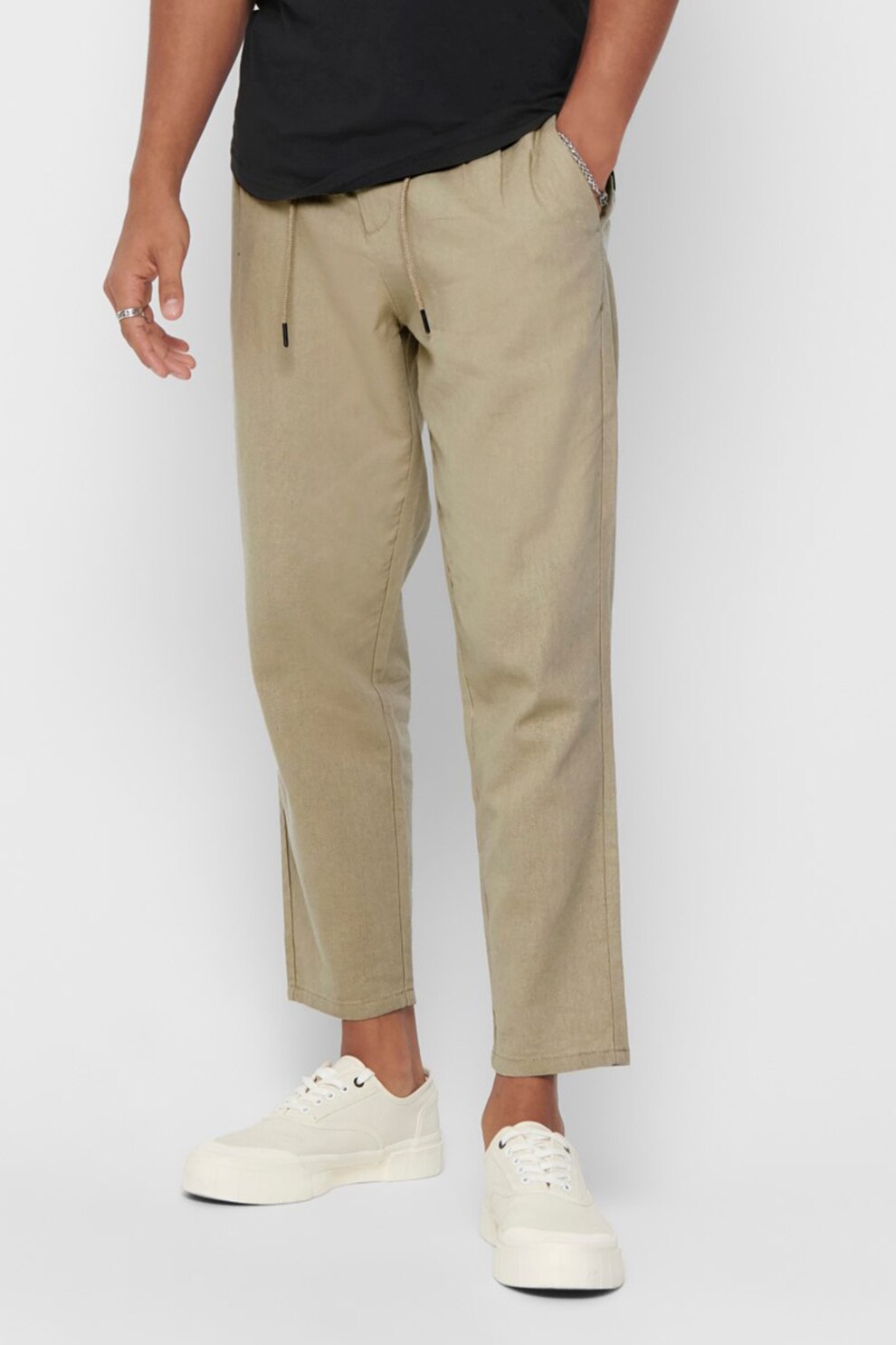 Only & Sons, Pantaloni conici din amestec de in, Kaki