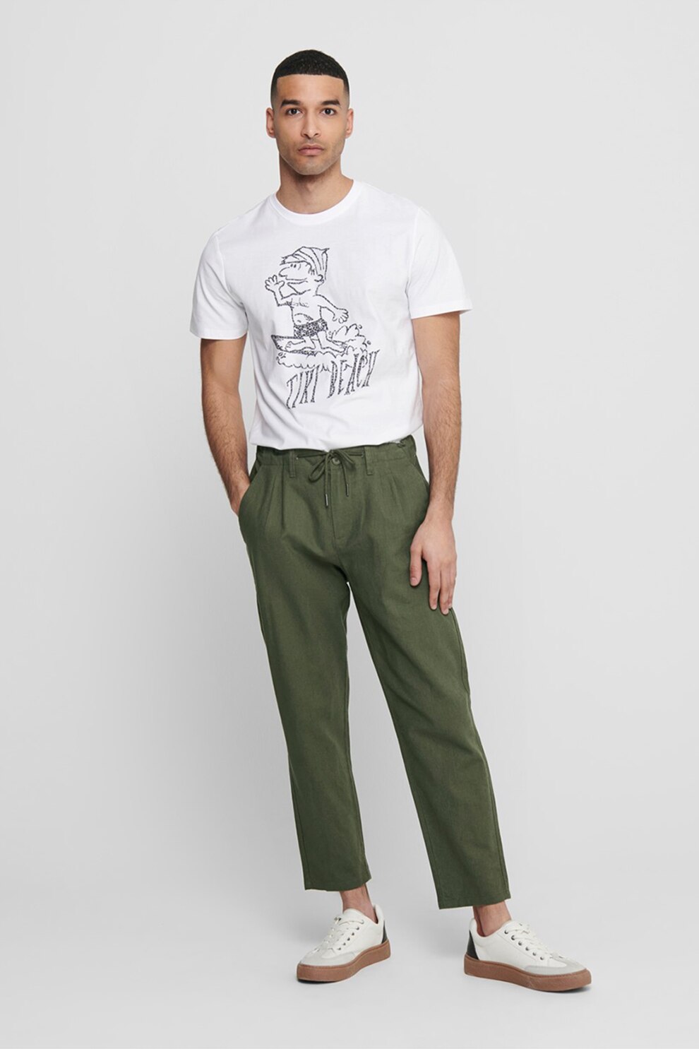 Only & Sons, Pantaloni conici din amestec de in, Verde oliv