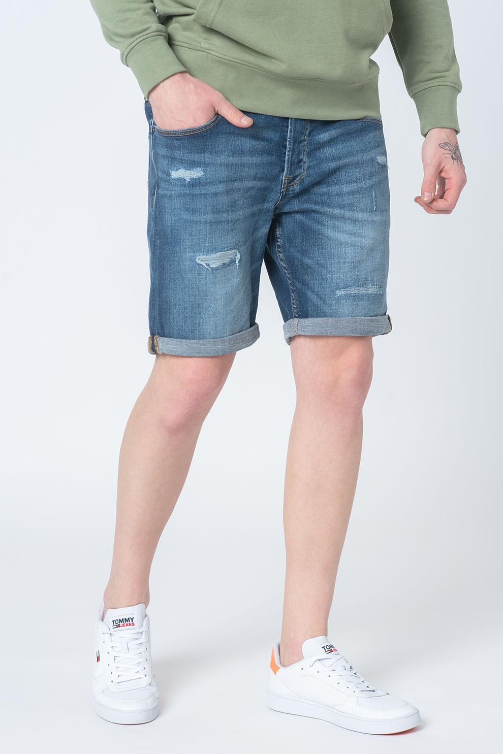Jack&Jones, Bermude din denim cu detalii cu aspect deteriorat, Albastru
