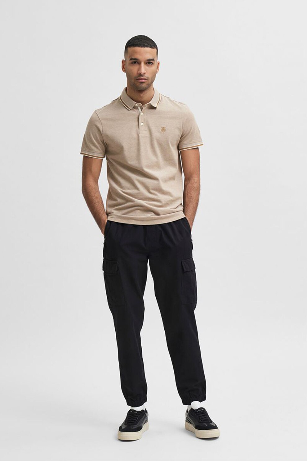 Selected Homme, Tricou polo din bumbac organic pique, Maro deschis melange
