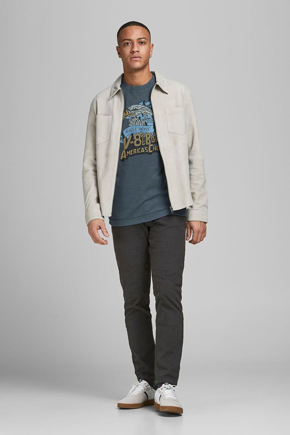 Jack&Jones, Tricou cu imprimeu grafic, Bleumarin/Alb/Ocru, S