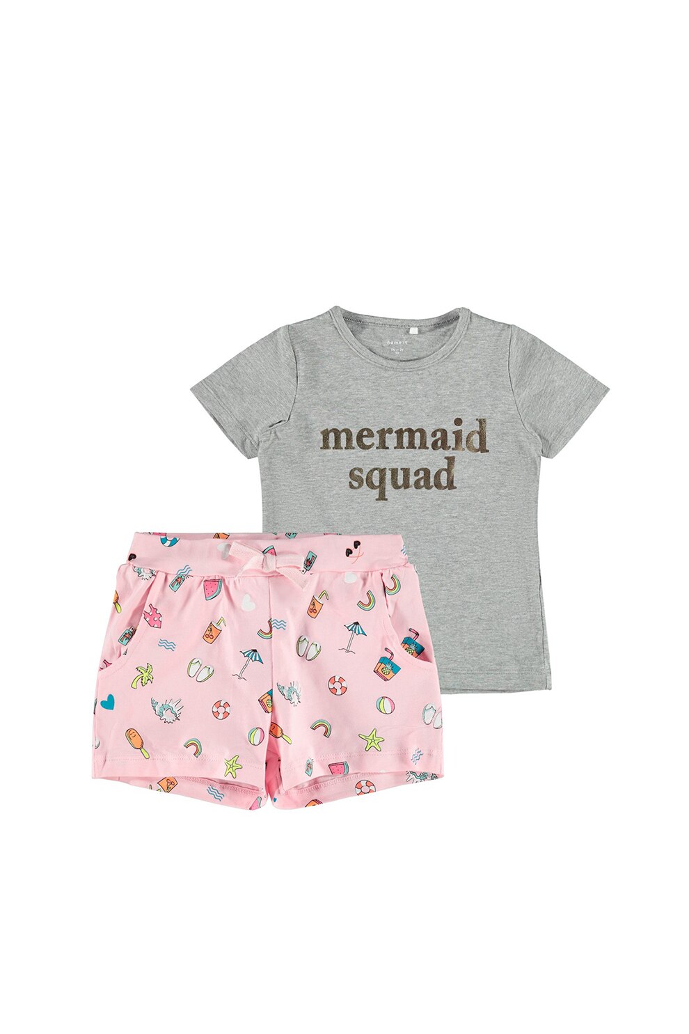 NAME IT, Set de pantaloni scurti si tricou din amestec de bumbac organic - 2 piese, fete, imprimeu Mermaid squad, Gri melange/Roz, 92 CM