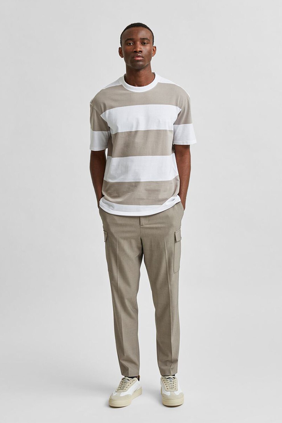 Selected Homme, Tricou lejer de bumbac organic cu dungi, Gri/Alb