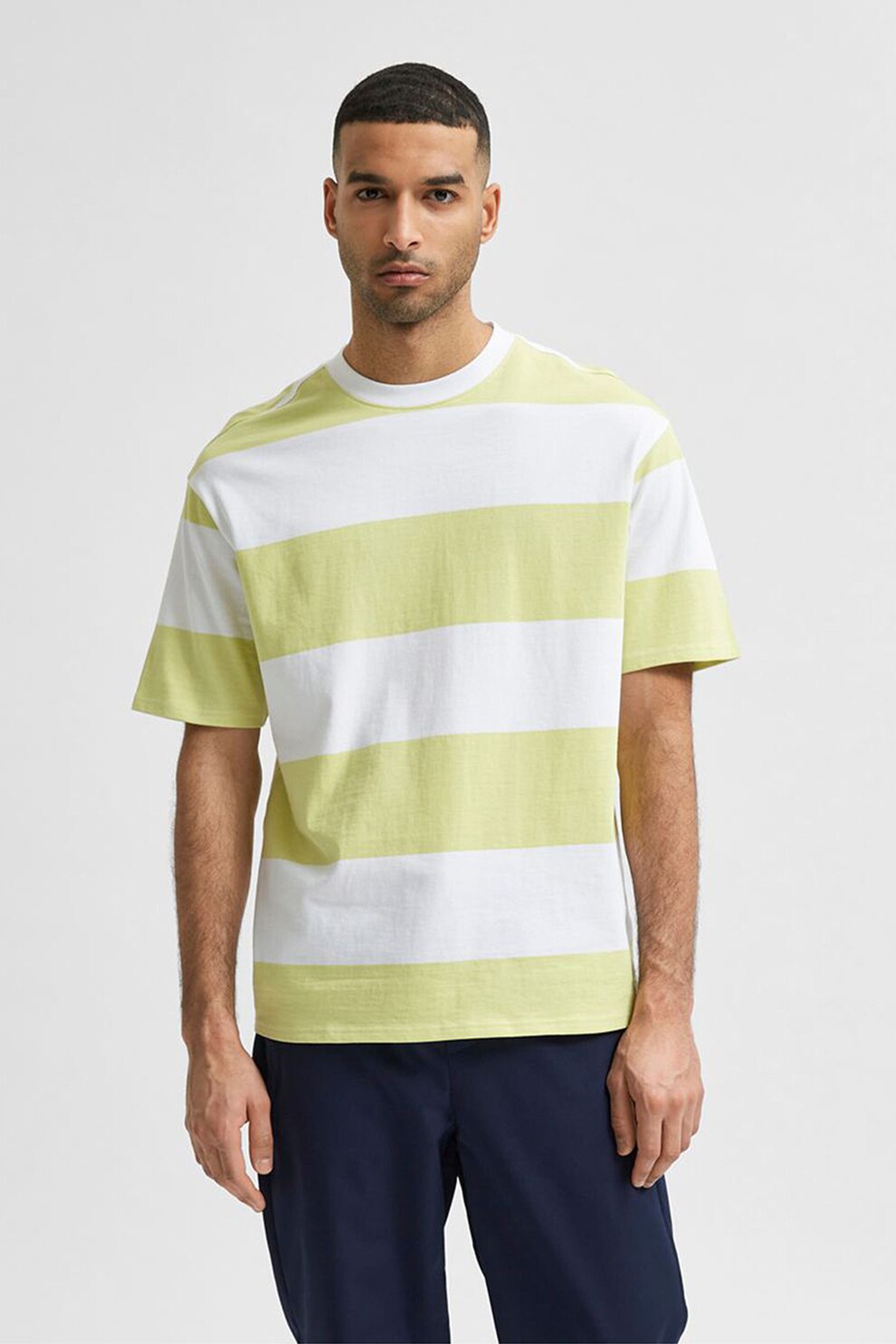 Selected Homme, Tricou lejer de bumbac organic cu dungi, Alb/Galben