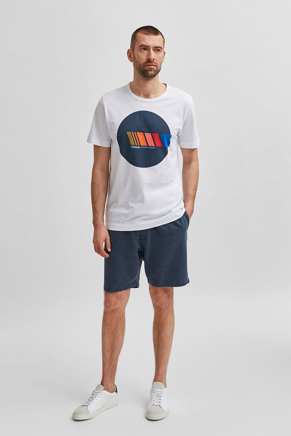Selected Homme, Tricou de bumbac organic Havalon, Alb/Bleumarin/Oranj