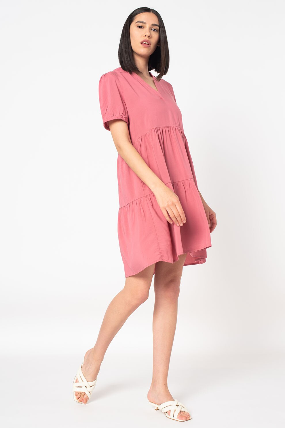 Only, Rochie mini cu decupaj in V, Roz somon