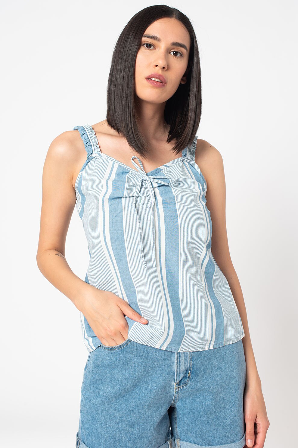 Vero Moda, Top din material chambray cu funda Akela, Albastru lavanda/Alb