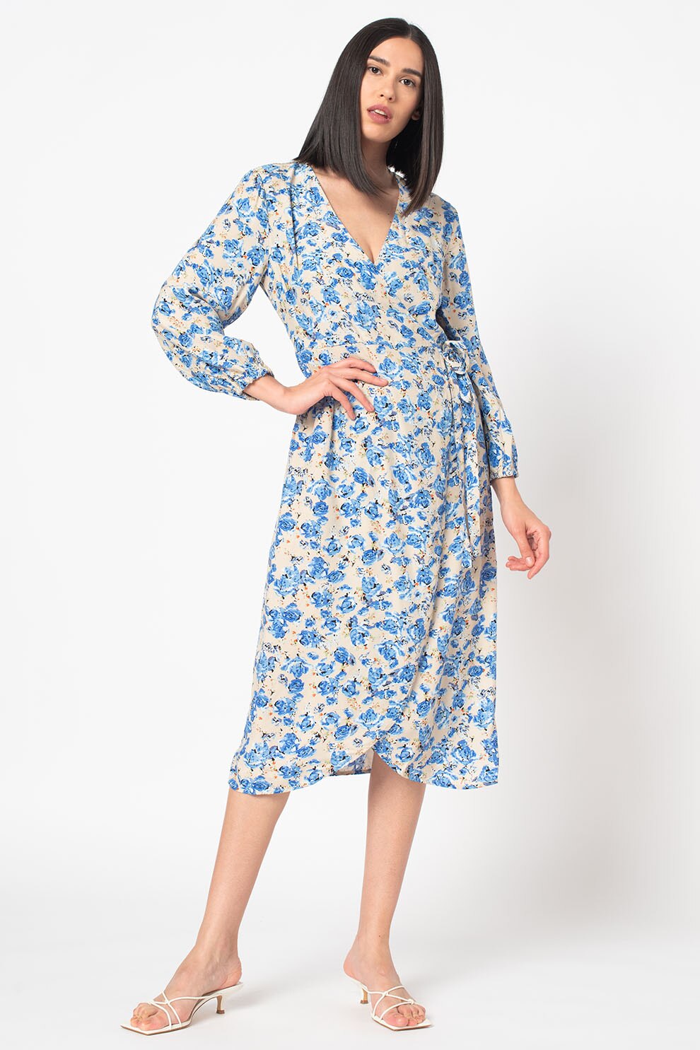 Only, Rochie cu croiala petrecuta si imprimeu floral Pio, Maro taupe deschis/Albastru