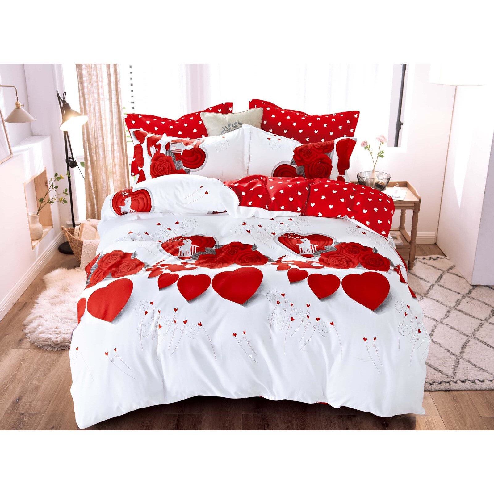 Lenjerie de pat single, 1 persoana, Bumbac Finet, 4 piese, Love