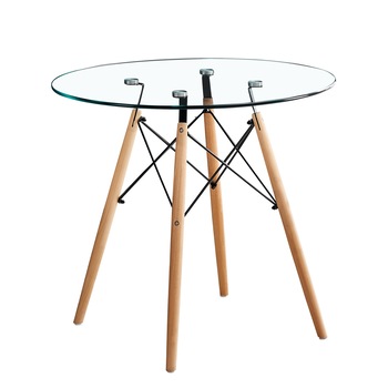 Masa dining / bucatarie Kring Ellington, blat rotund din sticla securizata, 80xH73 cm, picioare lemn, Transparent/Lemn natur Masa dining / bucatarie Kring Ellington, blat rotund din sticla securizata, 80xH73 cm, picioare lemn, Transparent/Lemn natur