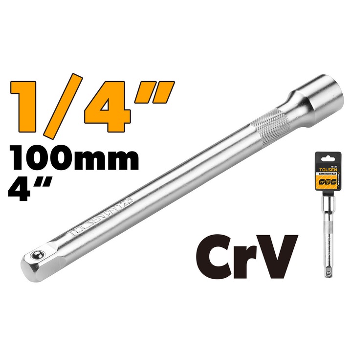 Bara de extensie 1/4" x 100 mm, Cr-V 50BV30, finisaj crom mat, Industrial, TOLSEN – compatibila cu clichet si chei tubulare, tratament termic, finisaj crom mat, canal retinere bila, compatibil cu clichete si truse profesionale TOLSEN