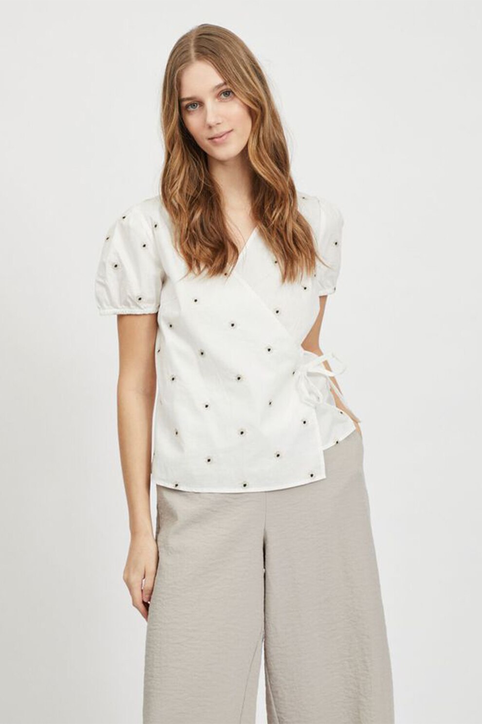 Vila, Bluza petrecuta cu maneci scurte, Alb prafuit/Negru