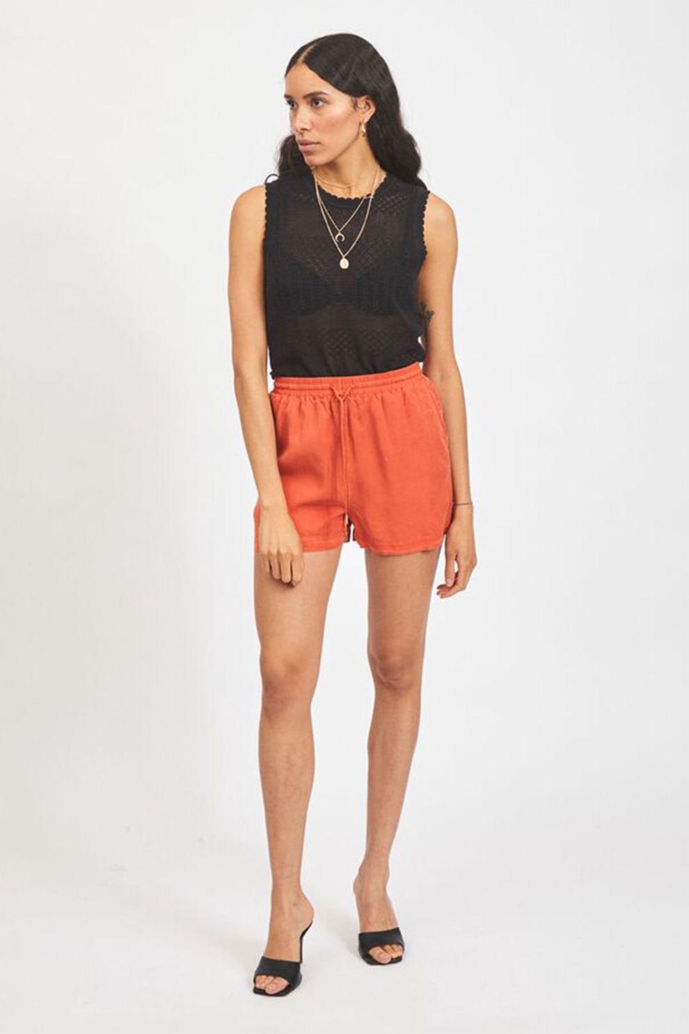 Vila, Pantaloni scurti din lyocell cu snur in talie, Oranj