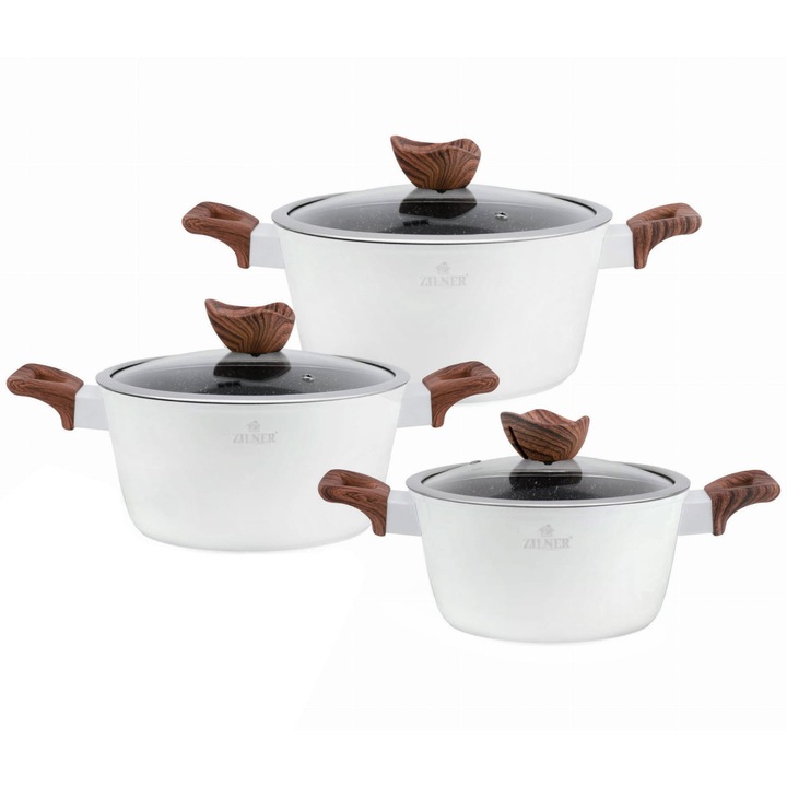 Set 6 oale, ZILNER, Aluminiu, Capac, 20/24/28 cm, Alb/Maro