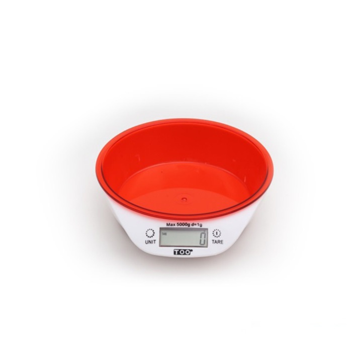 Кухненска везна с купа TOO KBSC-300-R, граница на измерване 5 кг, точност 1 г, червена