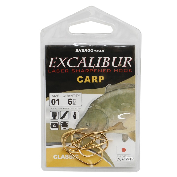 Carlige Excalibur Carp Classic Gold Nr 1, 6buc/plic