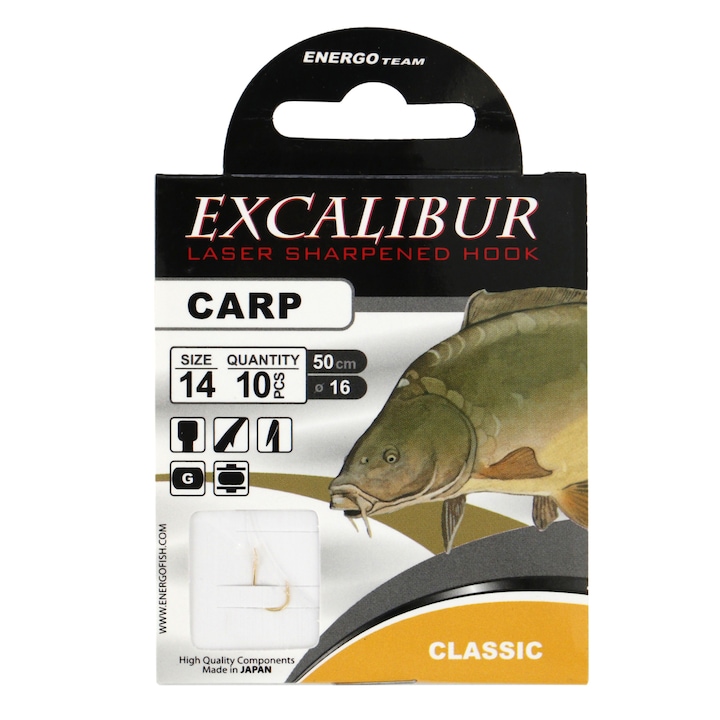 Вързани куки Excalibur Carp Classic, Gold, Номер 14, 10 броя/плик