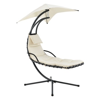 Fotoliu suspendat Hangeliege B, en.casa,166 x 116 x 210 cm, otel/poliester, 120 Kg, negru/bej, cu parasolar si suport Fotoliu suspendat Hangeliege B, en.casa,166 x 116 x 210 cm, otel/poliester, 120 Kg, negru/bej, cu parasolar si suport