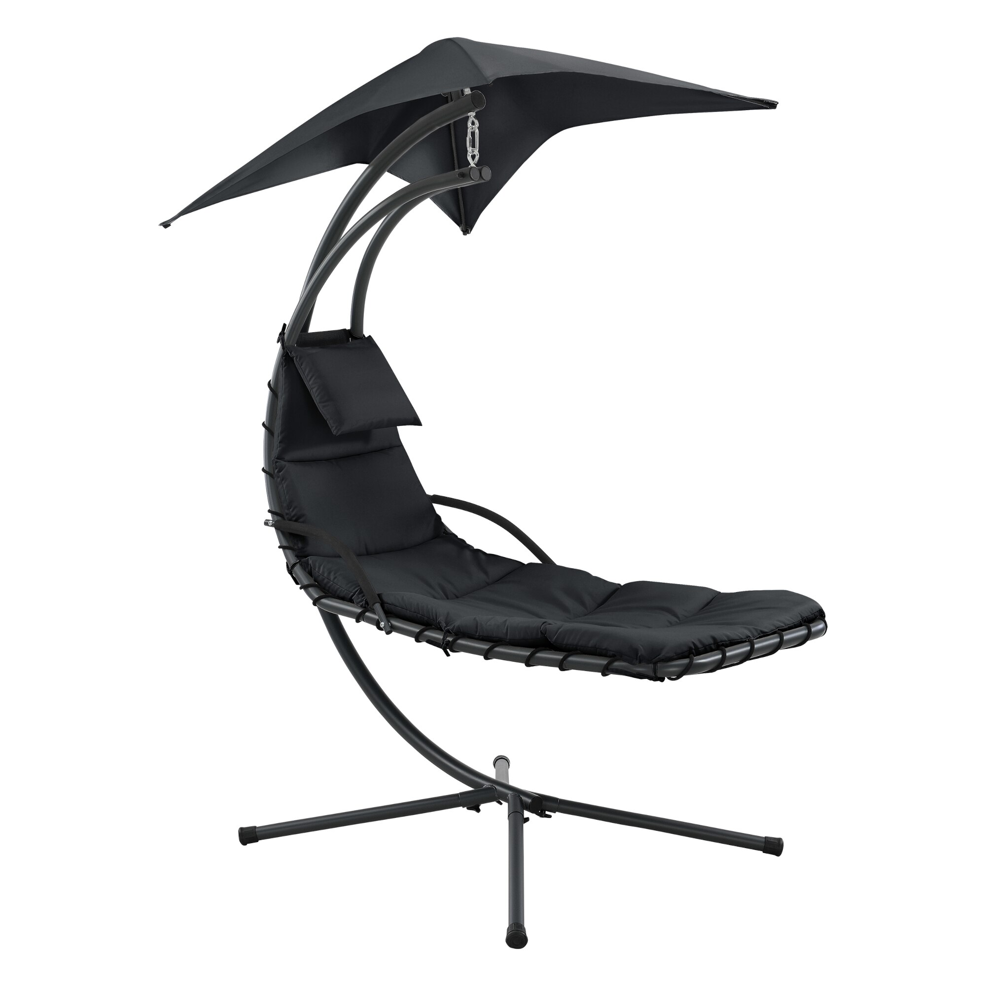 Fotoliu suspendat Hangeliege S, en.casa,166 x 116 x 210 cm, otel/poliester, 120 Kg, negru, cu parasolar si suport