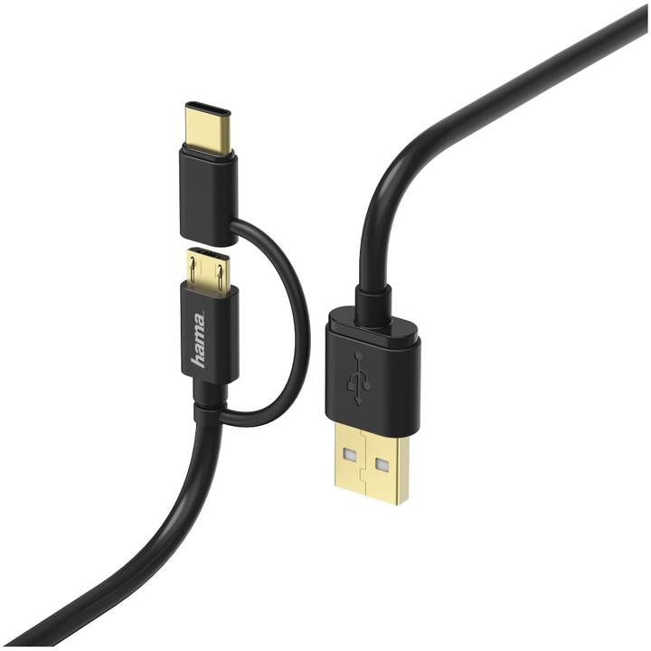 Hama 2in1 Micro USB kábel USB Type-C adapterrel, 1 m, Fekete