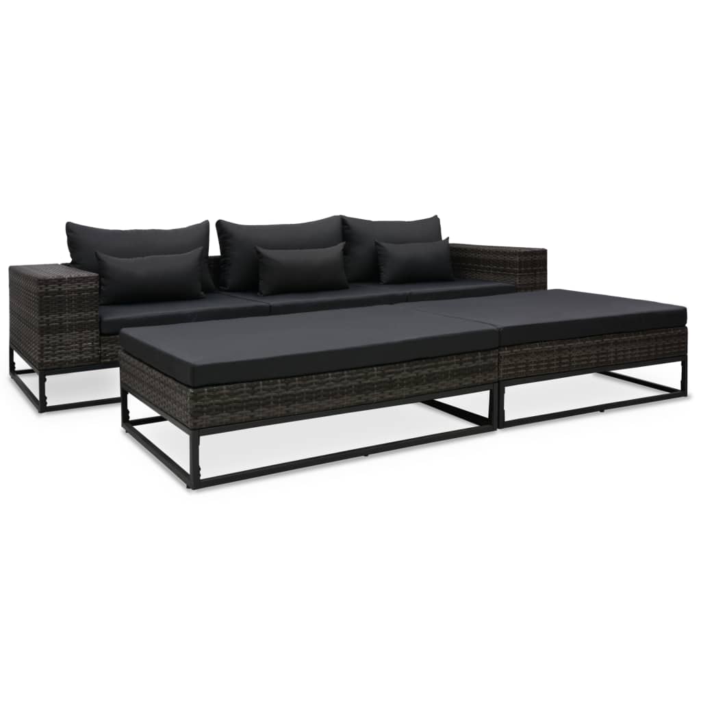 Set de 3 canapele si 2 tabureti de gradina cu perne vidaXL, Poliratan, 273 x 85 x 55 cm, Gri/Antracit
