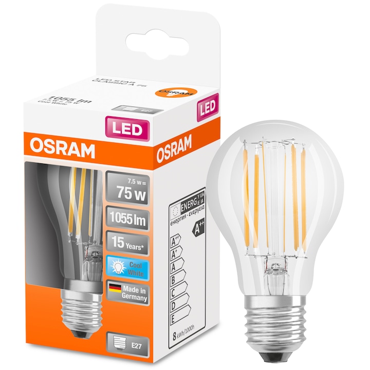 LED izzó Osram Filament E27, 7,5 W (75 W), 1055 lm, semleges fény (4000 K)