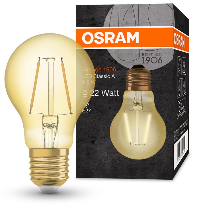 Bec LED Osram Vintage 1906 FIL GOLD A22, E27, 2.5W (22W), 220 lm, lumina calda (2400K), clasa energetica F