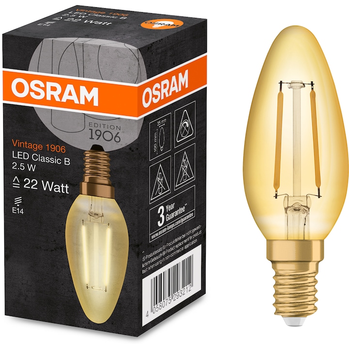 Bec LED Osram Vintage 1906 FIL GOLD B22, E14, 2.5W (22W), 220 lm, lumina calda (2400K), clasa energetica F