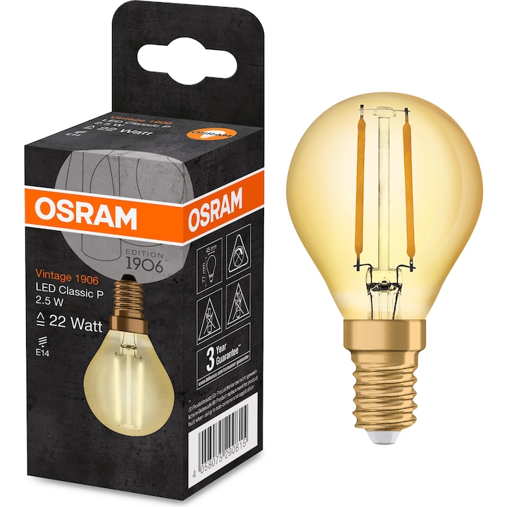 Bec LED Osram Vintage 1906 FIL GOLD P22, E14, 2.5W (22W), 220 lm, lumina calda (2400K), clasa energetica F
