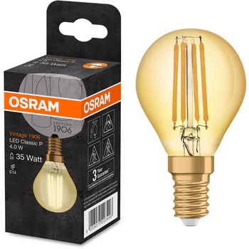 Bec LED Osram Vintage 1906 FIL GOLD P35, E14, 4W (35W), 220 lm, lumina calda (2400K) Bec LED Osram Vintage 1906 FIL GOLD P35, E14, 4W (35W), 220 lm, lumina calda (2400K)