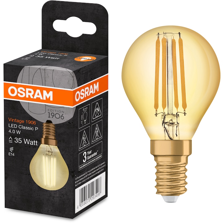 Bec LED Osram Vintage 1906 FIL GOLD P35, E14, 4W (35W), 220 lm, lumina calda (2400K), clasa energetica F