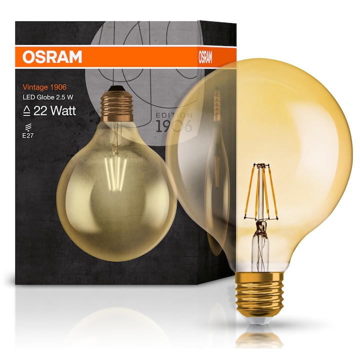 Bec LED Osram Vintage 1906 FIL GLOBE125 E27, 2.5W (22W), 220 lm, lumina calda (2400K), clasa energetica F