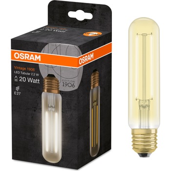 Bec LED Osram Vintage 1906 FIL GOLD Tubular E27, 2.2W (20W), 200 lm, lumina calda (2000K) Bec LED Osram Vintage 1906 FIL GOLD Tubular E27, 2.2W (20W), 200 lm, lumina calda (2000K)