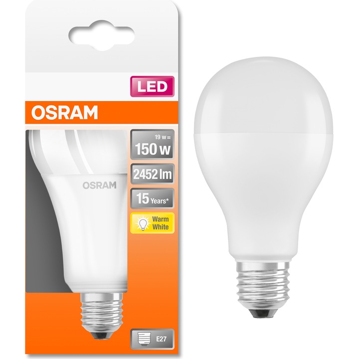 Bec LED Osram LED STAR FR A150 E27, 19W (150W), 2452 lm, lumina calda (2700K), clasa energetica E