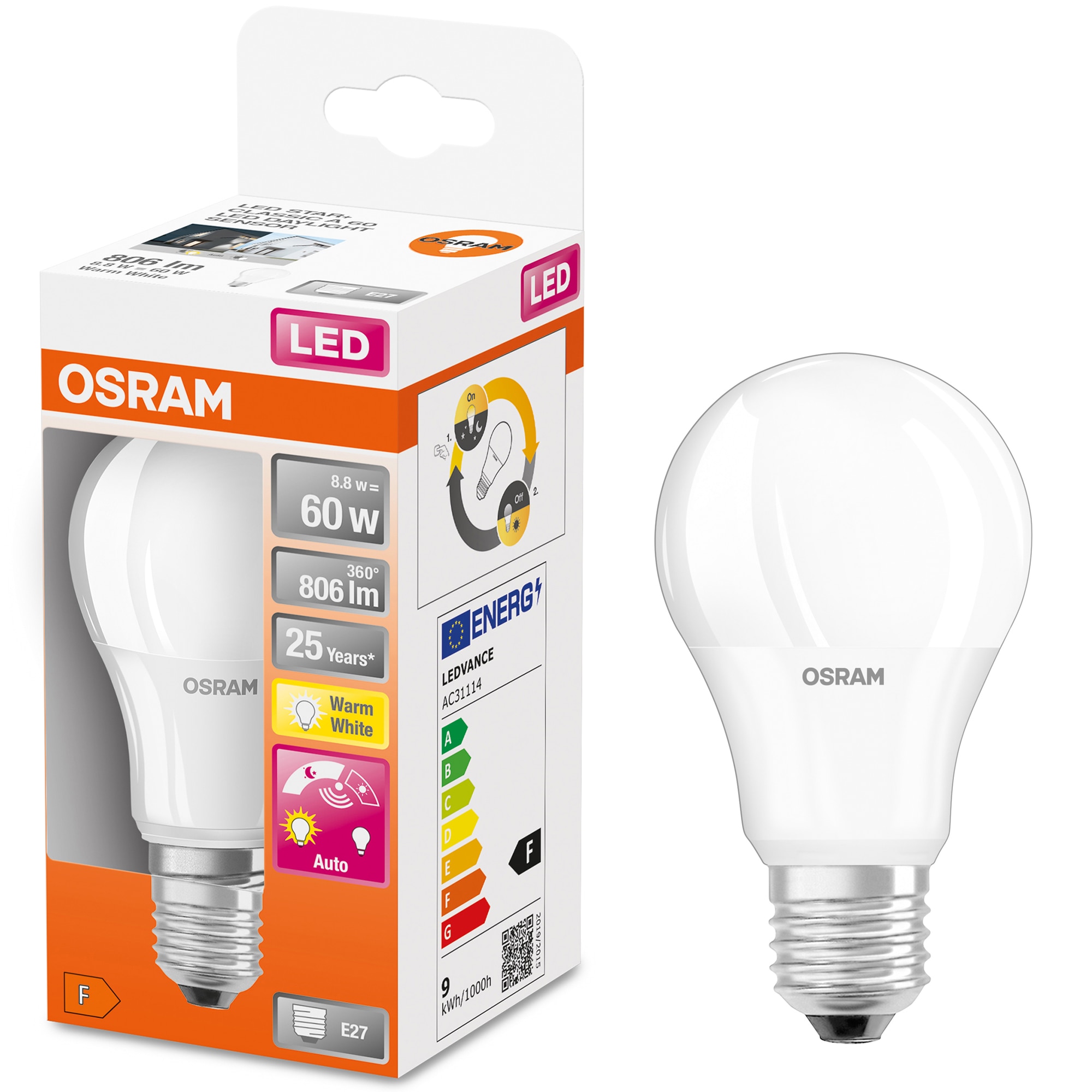 Company throw dust in eyes shovel Bec LED Osram LED STAR+ A60, cu senzor de lumina, E27, 8.8W(60W), 806 lm,  lumina calda (2700K) - eMAG.ro