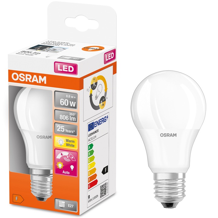 Bec LED Osram LED STAR+ A60, cu senzor de lumina, E27, 8.8W(60W), 806 lm, lumina calda (2700K), clasa energetica F
