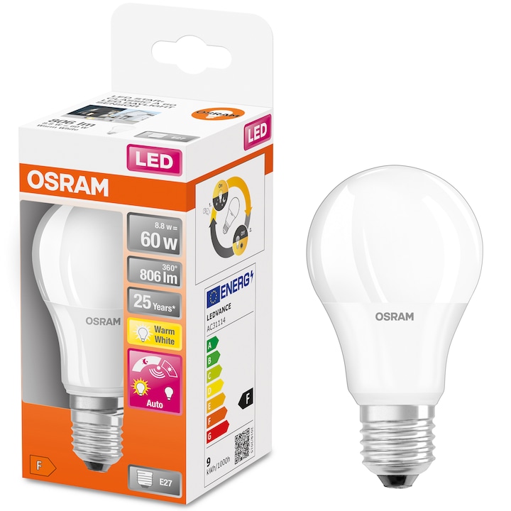 Bec LED Osram LED STAR+ A60, cu senzor de lumina, E27, 8.8W(60W), 806 lm, lumina calda (2700K), clasa energetica F