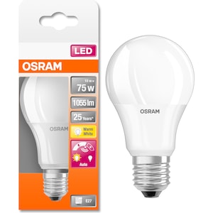 Bec LED Osram LED STAR+, A75, cu senzor de lumina, E27, 10W (75W), 1055 lm, lumina calda (2700K), clasa energetica F